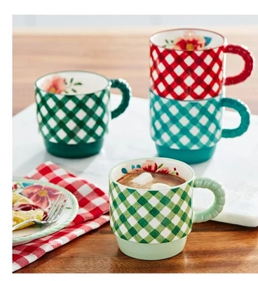 先锋女士 Merry Meadow 格子 12.5 盎司粗瓷堆叠马克杯架 5 件套 — 第 1/4 张图片