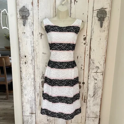 Signature Robbie Bee Size 16 Womans White Black Pink Striped Lace Occasion Dress - Image 1 of 4