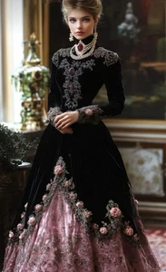 Vestido de noche victoriano vintage gótico de graduación negro y rosa vestido flores  - Imagen 1 de 6