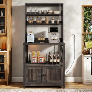 Black Bakers Rack with Power Outlet and Storage Door Cabinet 5-Tiers Kitchen Tal - Picture 1 of 12