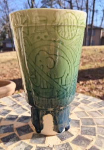 VtG Hand Thrown Abstract Artist Signed Pottery Green Blue Drip Glaze Tumbler - Picture 1 of 16