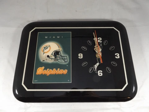 Miami Dolphins Football Helmet Wall Clock 11" x 8" Black Lacquer Wood With Box Cover