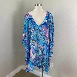 NEW $78 Tahari Womens M/L Blue Floral Paisley Caftan Swim Cover Up Tunic - Picture 1 of 14