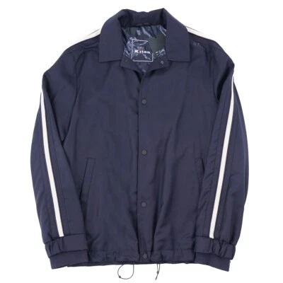 Kiton Navy Blue Woven Wool Coach's Jacket with Contrast Knit Details XL NWT - Image 1 of 4