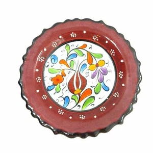 Ceramic Round Plate Handcrafted Ornament Floral Pattern Burgundy Home Décor - Picture 1 of 6