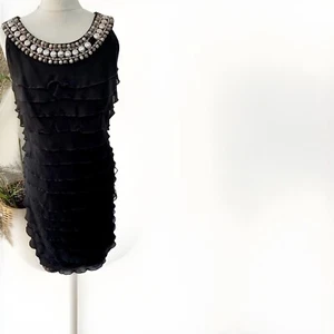 Ladies Size UK14 Dress Fitted Sleeveless Black Chiffon Frilled Jewelled Party - Picture 1 of 4