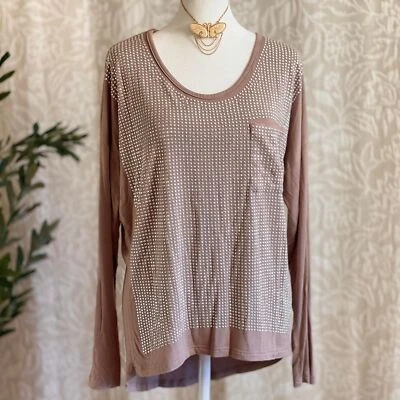 Vtg Y2K Alberto Makali Taupe Rhinestone Studded Long Sleeve Stretch Shirt Size M - Image 1 of 4