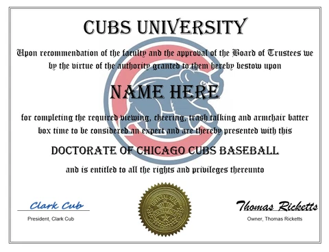 CHICAGO CUBS  PERSONALIZED FAN DIPLOMA, GREAT GIFT MLB BASEBALL Cover
