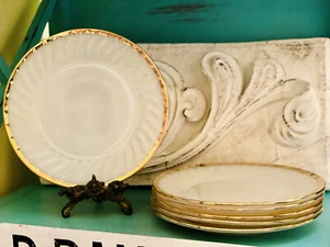 Set of 6 Vintage FireKing Ovenware Milk Glass Dinner Plates USA White/22K Gold - Picture 1 of 10