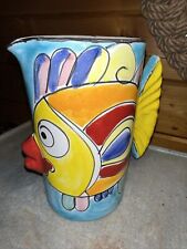 Vintage Pier 1 Hand Glazed Terracotta Majolica Style3D Kissing Fish Pitcher/vase