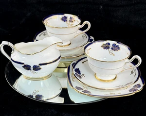 Rare Royal Albert Crown China Blue Gold Leaf Tea Set Trio x2 & Jug England 1930s - Picture 1 of 23