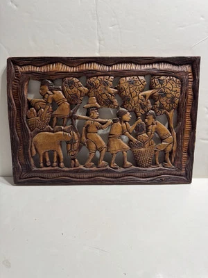 Vintage Large Tribal Primitive Wood Carving Wall Plaque - Harvest Gathering Food - Image 1 of 4