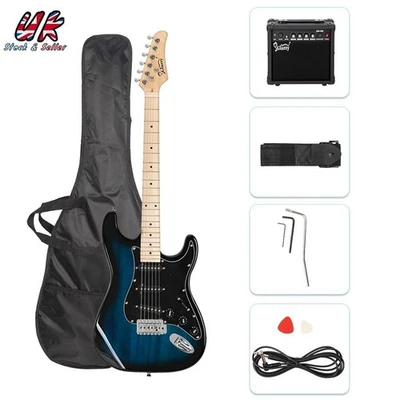 GST Electric Guitar 3-Pickup Full Set W/ Pickguard 20W Amp Bag Strap Cord Blue