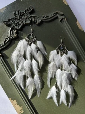 Feather Tassel Earrings, Boho Earrings, Extra Long Earrings, Wedding Earrings - Image 1 of 4