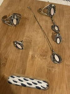 Signed AB Navajo Sterling 925 Moonstone Necklace Pendant, 2 Rings Cuff Bracelet - Picture 1 of 16