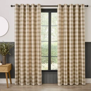 Curtains Pair Everett Jacquard Woven Check Lined Eyelet Curtina Natural - Picture 1 of 8