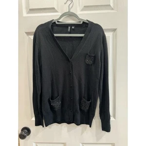 Black Sparkle Pocket Button V Neck Cardigan Soft XL Relativity - Picture 1 of 5