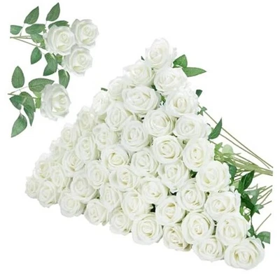  Pcs Roses Artificial Flowers, Fake Velvet Silk Rose Bulk Faux Flower 50 White - Image 1 of 4