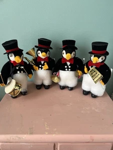 Set of 4 Vintage Flocked Penguin Christmas Band Figurines AS IS - Picture 1 of 12