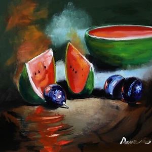 Wassermelone und Pflaumen 8x8 Zoll SAMMLERKUNST Impressionismus UKRAINE - Bild 1 von 11