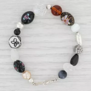 New Bead Statement Bracelet Sterling Silver Glass Ceramic Cloisenne 7.5" - Picture 1 of 3