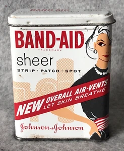 Johnson Johnson Band Aid Container Tin Sheer Strips Black Dress 50s 60s Vintage - Picture 1 of 15