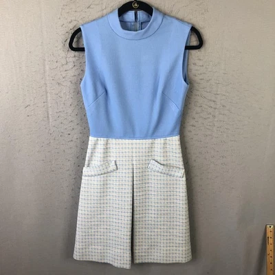Vestido vintage hecho a mano sin mangas para mujer pequeño azul crema cuello falso bloques de colores Foto 1 de 4