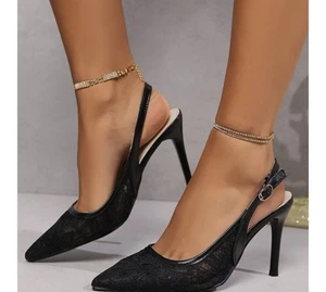 Black Lace Floral Designed Pointed Toe Open Back Heels - Picture 1 of 4