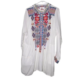 Johnny Was Biya Tunika Top XL bestickt Boho Bohemian weiß Viskose Taschen transparent - Bild 1 von 10
