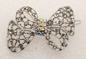 boho silver ribbon style clear & ab rhineston hair pin clip barrette for fine - Picture 1 of 4