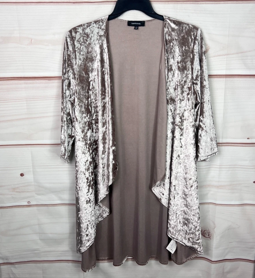 Chaqueta R&M Richards para mujer 14 púrpura terciopelo aplastado cascada abierta manga 3/4 Foto 1 de 4