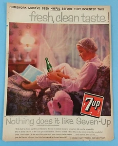 Vtg 1958 7UP Soda Pop Fresh Clean Taste Print Ad Girl Doing Homework Wall Art - Picture 1 of 3