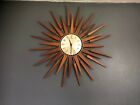 Mid Century Teak & Gold Brass Seth Thomas Sunburst Wall Clock