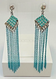 VINTAGE HSN Silver Tone Turquoise-Color Mesh Chain Drop Earrings - Picture 1 of 4