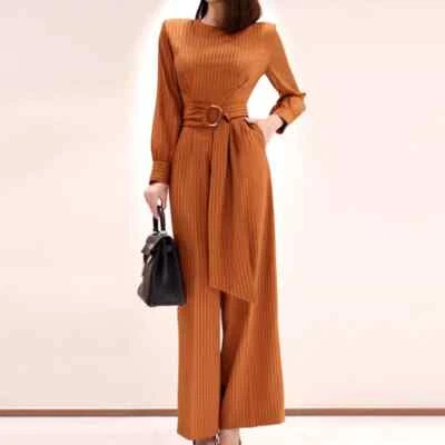 Anzug Frau Jumpsuit Nadelstreifen mit Gürtel Elegant Beige Weich 22916 - Bild 1 von 4