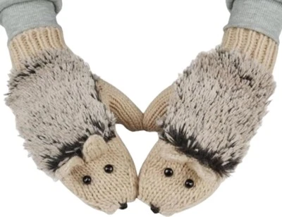 Hedgehog Mittens Tan W/blk Button Eyes Knitted Ears Shaggy Back Puppet Warm NWT - Image 1 of 4