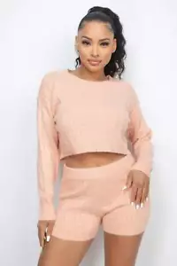 Ribbed Crop Top & Shorts Set - Cozy Lounge Wear, Stretch Knit, Casual Chic - Picture 1 of 8