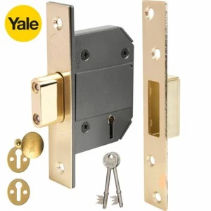 DEAD LOCK WITH ESCUTCHEONS 80mm (3") 5 LEVER BS BRITISH POLISHED BRASS YALE NEW - Picture 1 of 3