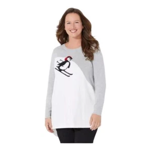 Catherines Skiing Penguin Holiday Sweater Winter Long Sleeve Tunic Plus Size 2X - Picture 1 of 10