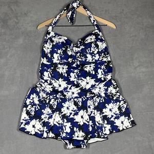 Swimsuits for All Swim Dress 22 Blue Floral One-Piece Halter Skirted Shirred NWT - Picture 1 of 5