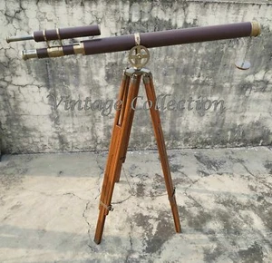 Nautical Brass 39" Antique Leather Telescope w/ Antique Wooden Tripod Stand Deco - Picture 1 of 7