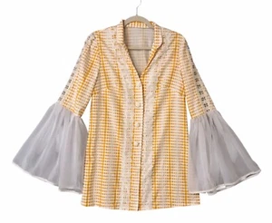 Handmade Retro Bell Sleeve Button Front Top Yellowing Hippie OOAK Fairy Sz M - Picture 1 of 10