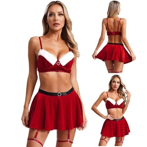 Womens Nightwear Pajamas Costume Outfits Christmas Xmas Lingerie Naughty Skirt - Picture 1 of 23