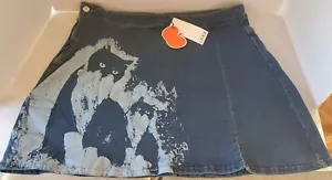 MIDDLE WAIST CAT PATTERN SLIT DENIM MINI SKIRT Size 1XL By CIDER BRAND NEW NWT - Picture 1 of 5