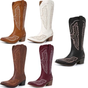 Women Pull On Western Boots Square Toe Cowboy Cowgirl Embroidery Mid Calf Boots - Picture 1 of 41