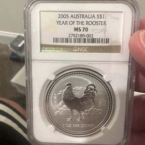 2005 $1 LUNAR YEAR OF ROOSTER ๐ 1Oz. l SILVER AUSTRALIA NGC MS70 low pop - Picture 1 of 6