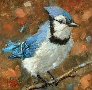 Blu jay Bird In autumn Impressionist Original Painting On Panel 6 X 6 IN - Picture 1 of 6
