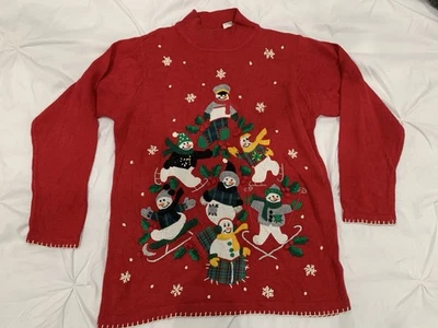 Suéter de Navidad Feo para Mujer BP Design Talla Mediana Rojo Muñecos de Nieve Árbol Foto 1 de 4
