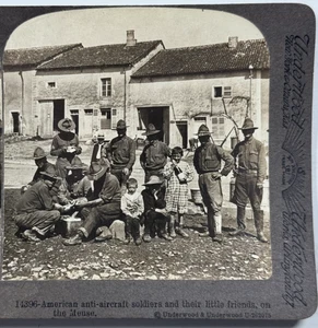 American Anti-Aircraft Soldiers and Their Little Friends, Meuse Stereoview WWI - Picture 1 of 4