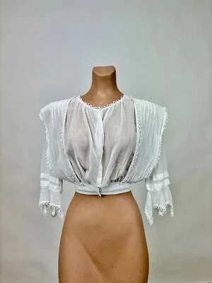 Antigua blusa eduardiana blanca de algodón transparente con cuello grande y ribete de ganchillo COMO ESTÁ Foto 1 de 4
